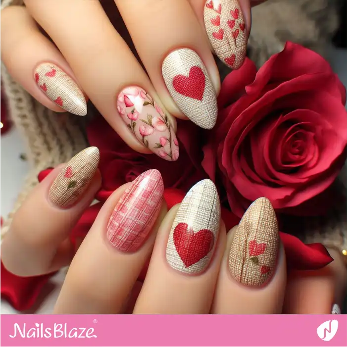 Vintage Faux Linen Theme Valentine Hearts Nails | Valentine Nails - NB2322